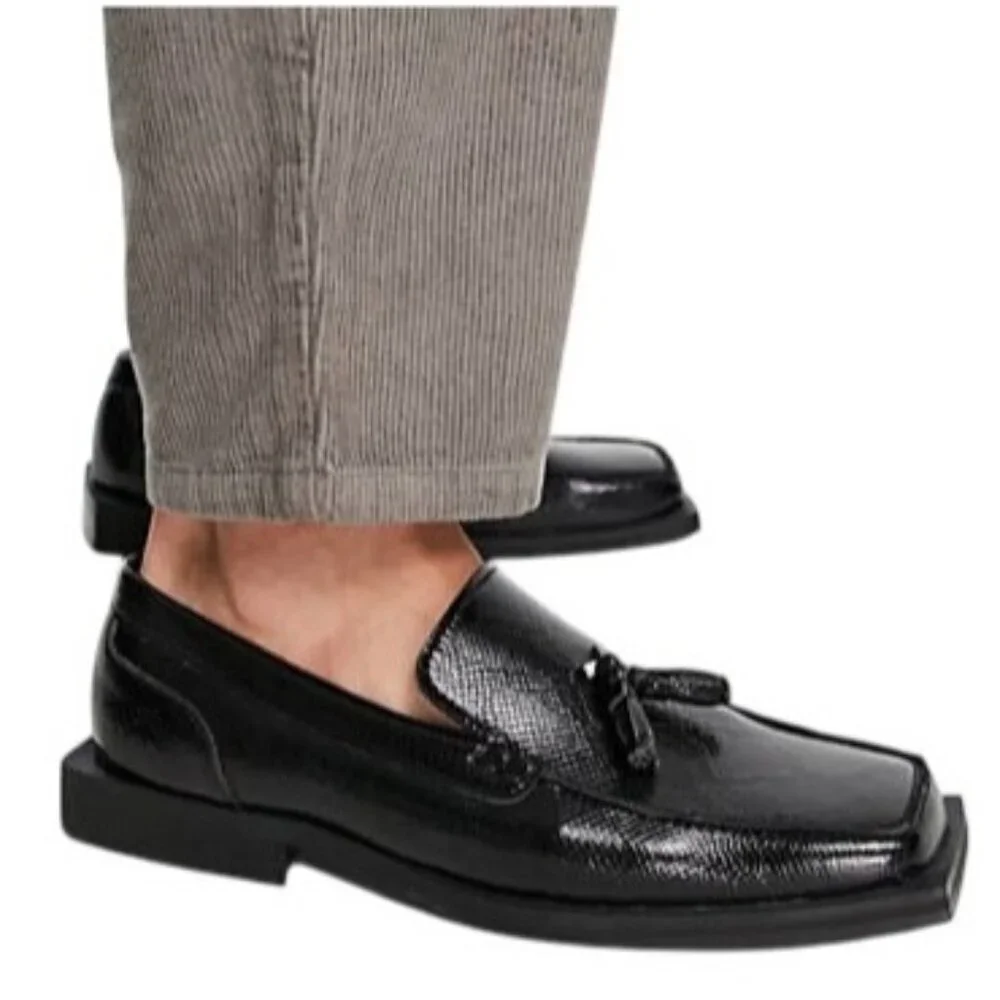 ASOS Black Snakeskin Embossed Vegan Leather Square toe tassel loafer size 7